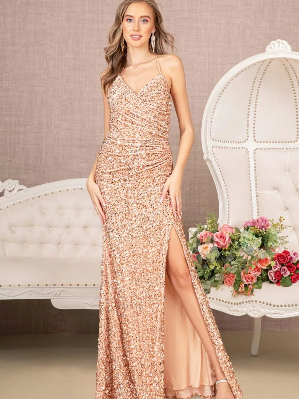 NEW GOLD Lace & Sequin Halter Prom Gown Floor Length Formal GL3080